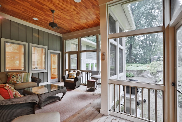 580 Keyes Ln, Worthington, OH 43085 - sunroom featuring wood ceiling, an outdoor hangout area, hardwood / wood-style floors, and a deck