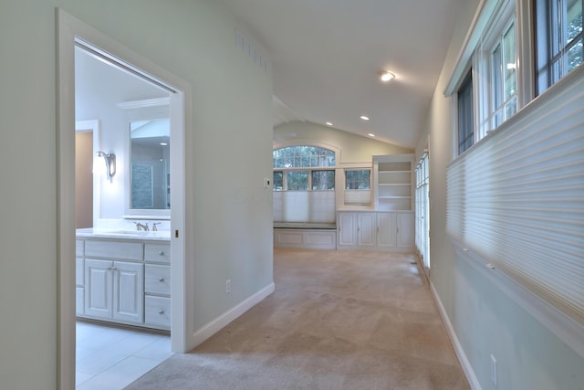 580 Keyes Ln, Worthington, OH 43085 - hall featuring lofted ceiling, recessed lighting, and light colored carpet