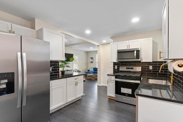 185 S Princeton Ave, Columbus, OH 43223 - kitchen with appliances with stainless steel finishes, white cabinetry, backsplash, dark wood-style floors, and recessed lighting