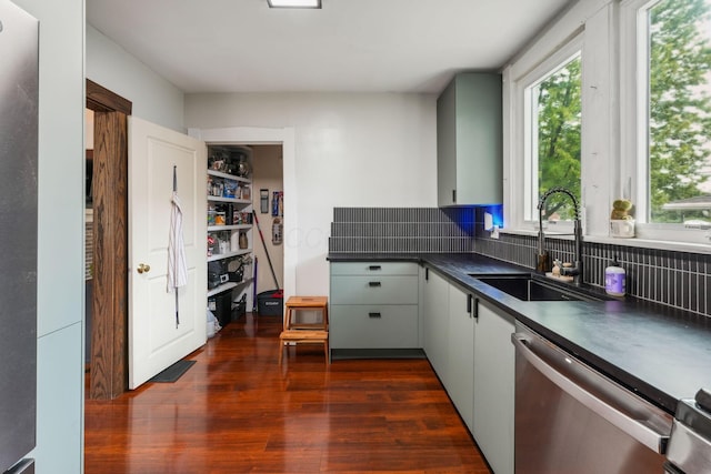 745 W Rich St, Columbus, OH 43222 - kitchen featuring stainless steel dishwasher, dark countertops, dark wood-type flooring, and backsplash