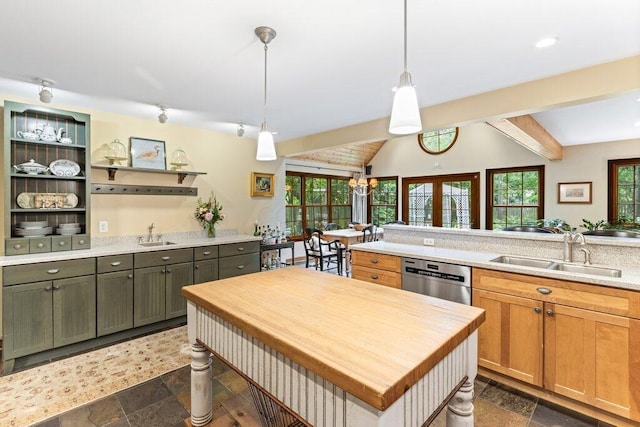 116 W Royal Forest Blvd, Columbus, OH 43214 - kitchen with butcher block counters, stone tile floors, and dishwasher