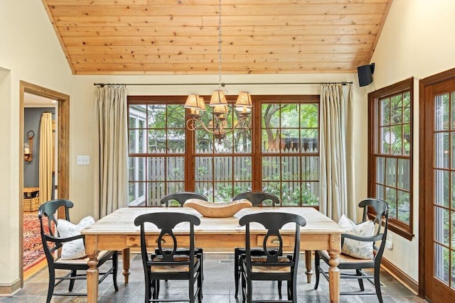 116 W Royal Forest Blvd, Columbus, OH 43214 - dining area with lofted ceiling, wooden ceiling, a chandelier, and stone finish flooring
