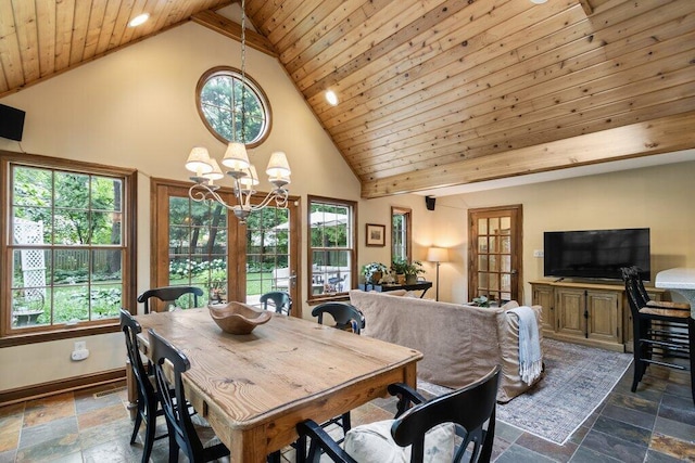 116 W Royal Forest Blvd, Columbus, OH 43214 - dining area featuring stone tile flooring, high vaulted ceiling, a chandelier, wood ceiling, and recessed lighting