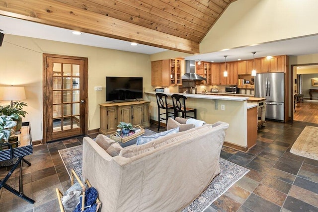116 W Royal Forest Blvd, Columbus, OH 43214 - living room featuring recessed lighting, stone tile flooring, lofted ceiling, and wooden ceiling