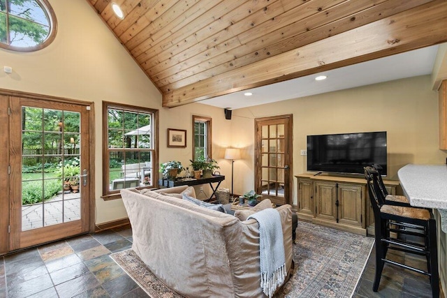 116 W Royal Forest Blvd, Columbus, OH 43214 - living room with recessed lighting, high vaulted ceiling, dark stone finish floors, and wood ceiling