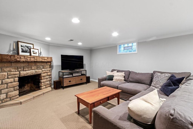 116 W Royal Forest Blvd, Columbus, OH 43214 - living area featuring light colored carpet, recessed lighting, a fireplace, and crown molding