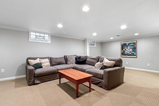 116 W Royal Forest Blvd, Columbus, OH 43214 - living room featuring recessed lighting, light carpet, and crown molding