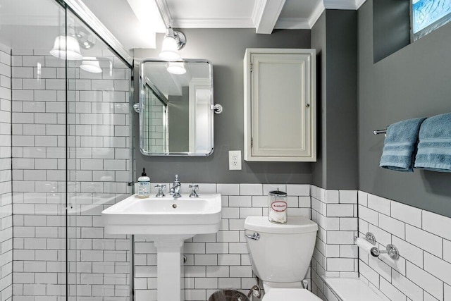 116 W Royal Forest Blvd, Columbus, OH 43214 - bathroom featuring ornamental molding, tile walls, a tile shower, and wainscoting