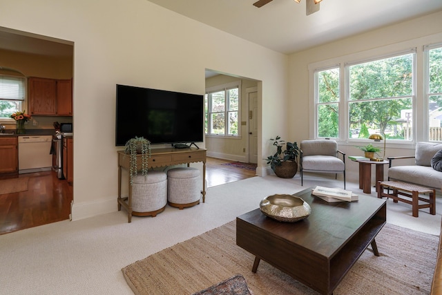 1734 W 1st Ave, Grandview, OH 43212 - living area with light carpet, plenty of natural light, and ceiling fan
