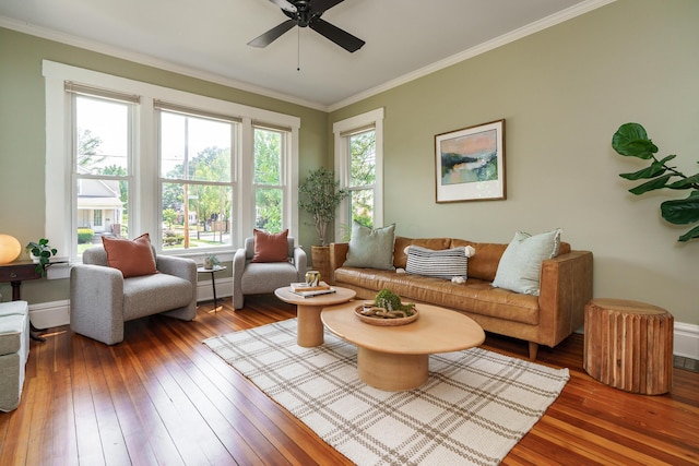 1734 W 1st Ave, Grandview, OH 43212 - living room featuring hardwood / wood-style flooring, crown molding, and ceiling fan