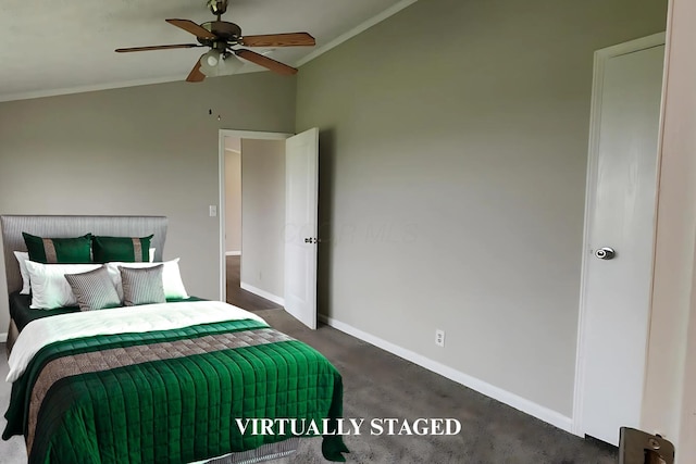 6447 Scioto Farms Rd Unit Se, Washington Court House, OH 43160 - bedroom with vaulted ceiling, crown molding, dark carpet, and a ceiling fan