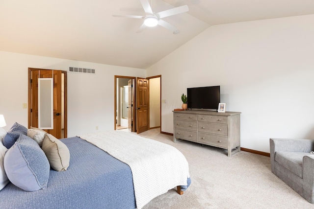 11578 Duncan Plains Rd NW, Johnstown, OH 43031 - bedroom with vaulted ceiling, light colored carpet, ceiling fan, and ensuite bathroom