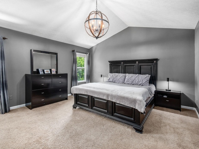 3552 Smiley Rd, Hilliard, OH 43026 - bedroom featuring a chandelier, vaulted ceiling, and light carpet