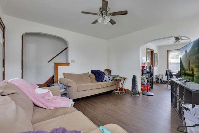 635-641 Racine Ave, Columbus, OH 43204 - living area with arched walkways, ceiling fan, wood finished floors, and stairs