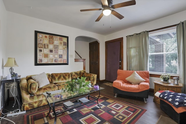635-641 Racine Ave, Columbus, OH 43204 - living area with wood finished floors, arched walkways, and a ceiling fan