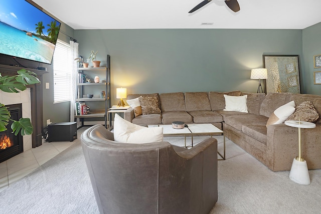 5928 Treven Way, Westerville, OH 43081 - living room featuring a fireplace and ceiling fan