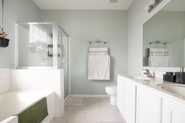 5928 Treven Way, Westerville, OH 43081 - full bathroom featuring a bath, double vanity, a stall shower, and tile patterned flooring