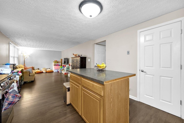 8711 Blessing Dr, Powell, OH 43065 - kitchen with dark wood-style floors, a textured ceiling, dark countertops, a center island, and open floor plan