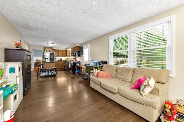 8711 Blessing Dr, Powell, OH 43065 - living area with dark wood-style flooring and a textured ceiling