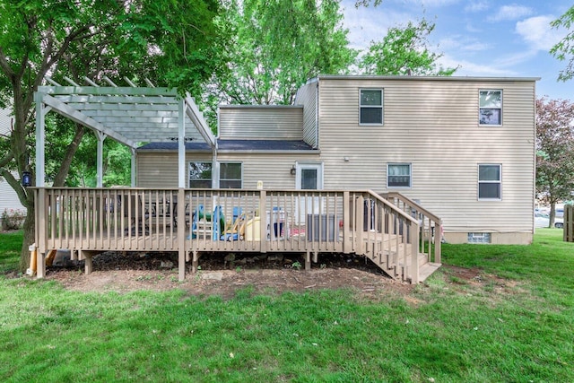 8711 Blessing Dr, Powell, OH 43065 - back of house with a lawn, a wooden deck, and a pergola