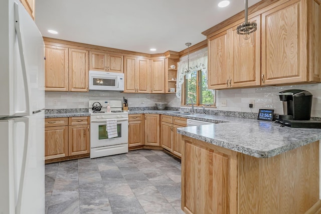 4250 Herr Fieldhouse Rd, Southington, OH 44470 - kitchen featuring white appliances, a peninsula, light brown cabinetry, tasteful backsplash, and stone finish flooring