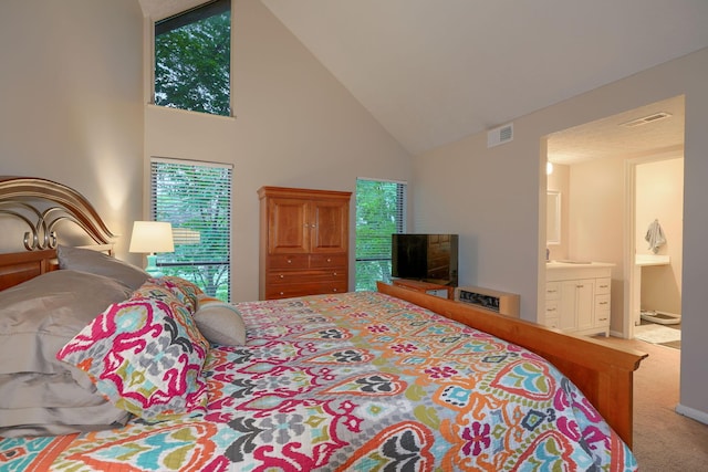 4883 Powderhorn Ln Unit 3, Westerville, OH 43081 - bedroom with high vaulted ceiling, carpet flooring, and connected bathroom