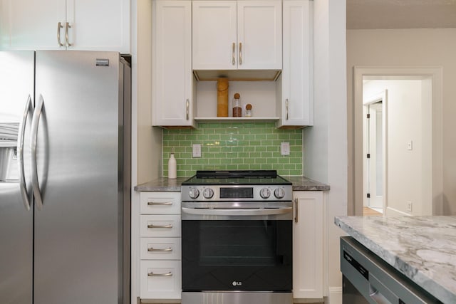 338 Sheldon Ave, Columbus, OH 43207 - kitchen with stainless steel appliances, white cabinetry, decorative backsplash, light stone countertops, and open shelves