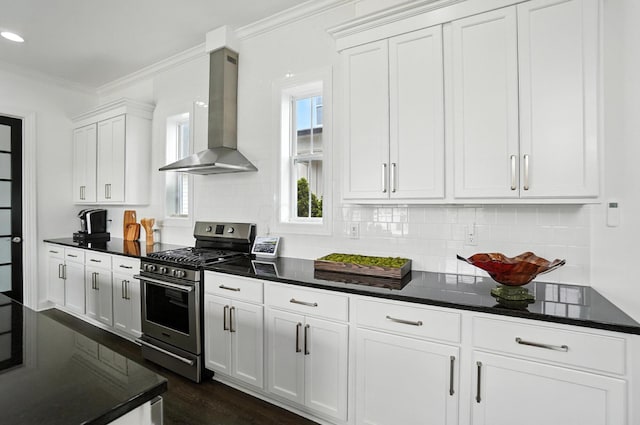 1877 Poplar Pl, Lewis Center, OH 43035 - kitchen featuring stainless steel range with gas stovetop, wall chimney range hood, decorative backsplash, white cabinets, and crown molding