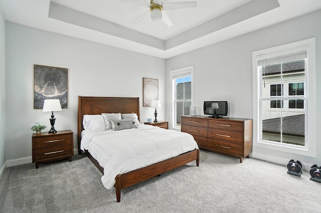 1877 Poplar Pl, Lewis Center, OH 43035 - bedroom featuring light carpet, a tray ceiling, and ceiling fan