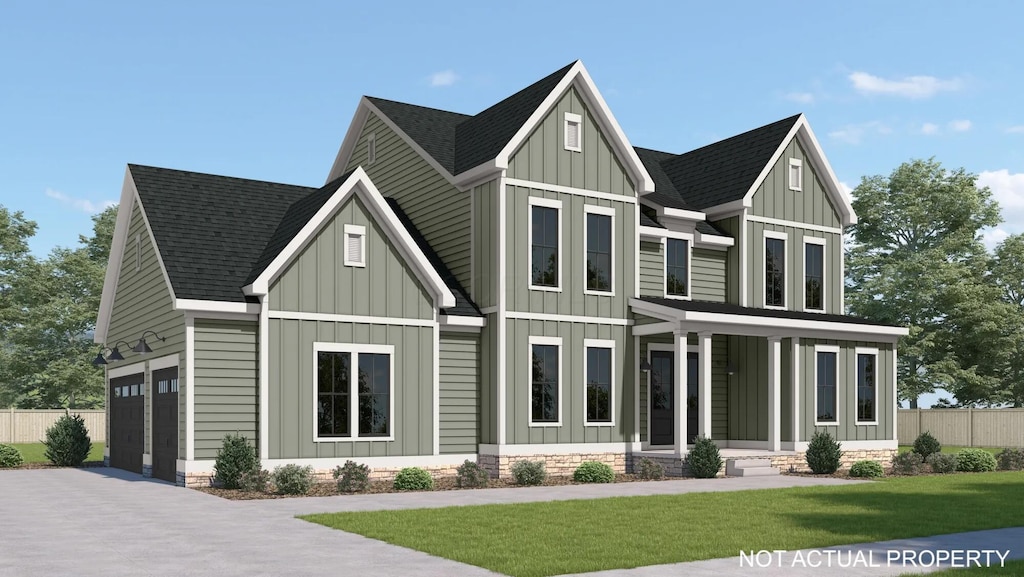 7711 Falcon Hill Ct, Plain City, OH 43064 - modern farmhouse style home with board and batten siding, a shingled roof, driveway, and an attached garage
