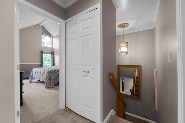 4758 Crazy Horse Ln Unit 2, Westerville, OH 43081 - corridor with an upstairs landing, carpet, vaulted ceiling, crown molding, and a chandelier