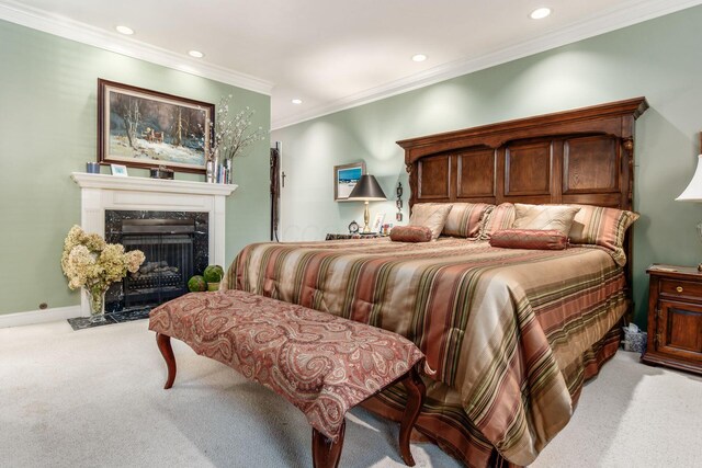 161 Jackson St, Columbus, OH 43206 - bedroom with carpet floors, recessed lighting, crown molding, and a fireplace