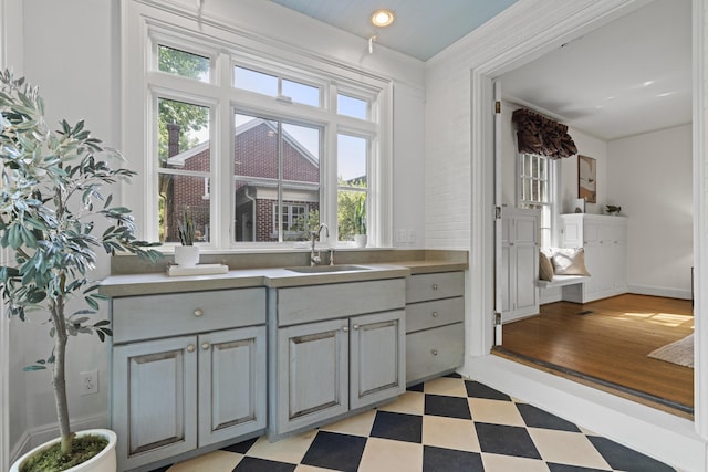 130 Boving Rd, Lancaster, OH 43130 - kitchen featuring gray cabinets, light floors, healthy amount of natural light, ornamental molding, and recessed lighting