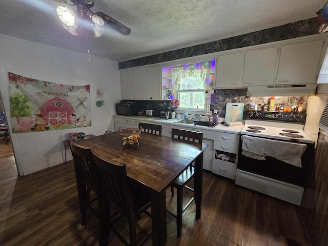 108 N George St, Lancaster, OH 43130 - kitchen with electric range, under cabinet range hood, dark wood-style flooring, white cabinetry, and a textured ceiling