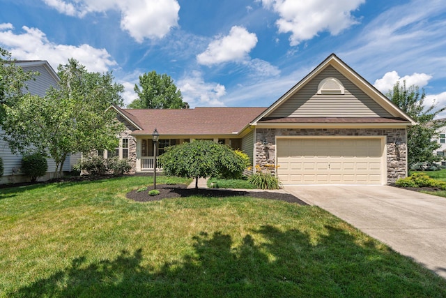 8090 Tree Lake Blvd, Powell, OH 43065 - view of front facade with stone siding, driveway, an attached garage, and a front yard