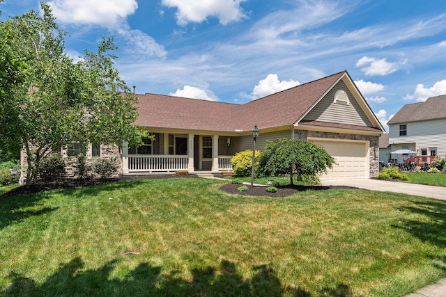 8090 Tree Lake Blvd, Powell, OH 43065 - ranch-style home featuring covered porch, driveway, a front lawn, and a garage