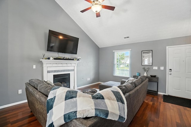 4764 Mattox St Unit 44, Columbus, OH 43228 - living area featuring a ceiling fan, wood finished floors, vaulted ceiling, and a glass covered fireplace