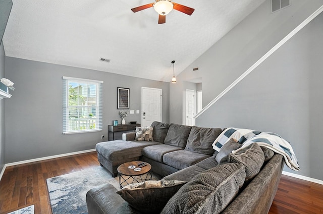 4764 Mattox St Unit 44, Columbus, OH 43228 - living area featuring ceiling fan, wood finished floors, and vaulted ceiling
