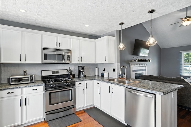 4764 Mattox St Unit 44, Columbus, OH 43228 - kitchen with appliances with stainless steel finishes, open floor plan, light wood finished floors, a peninsula, and vaulted ceiling
