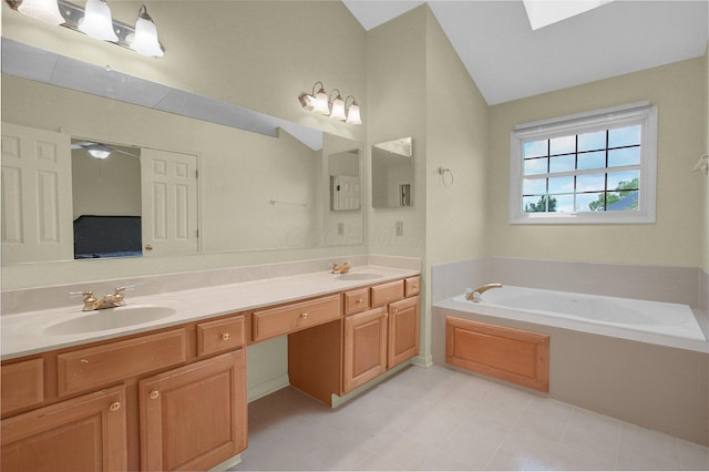 9287 Auburn Ct, Powell, OH 43065 - full bath with a garden tub, double vanity, lofted ceiling, and a ceiling fan