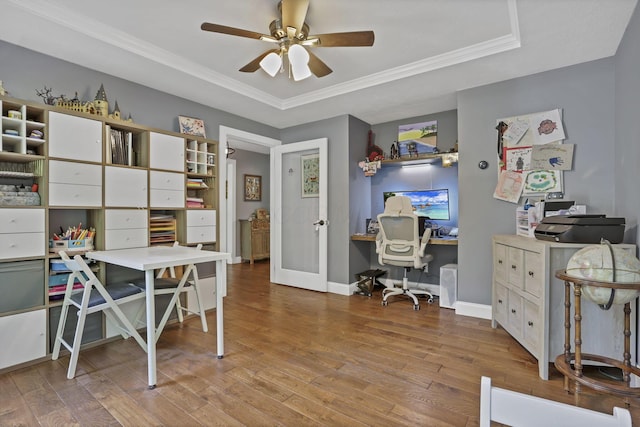 10 Denbigh Dr, Granville, OH 43023 - office space featuring a ceiling fan, a tray ceiling, wood finished floors, and crown molding