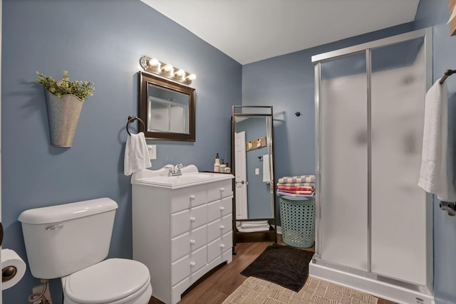 10 Denbigh Dr, Granville, OH 43023 - full bathroom featuring vanity, a stall shower, and wood finished floors