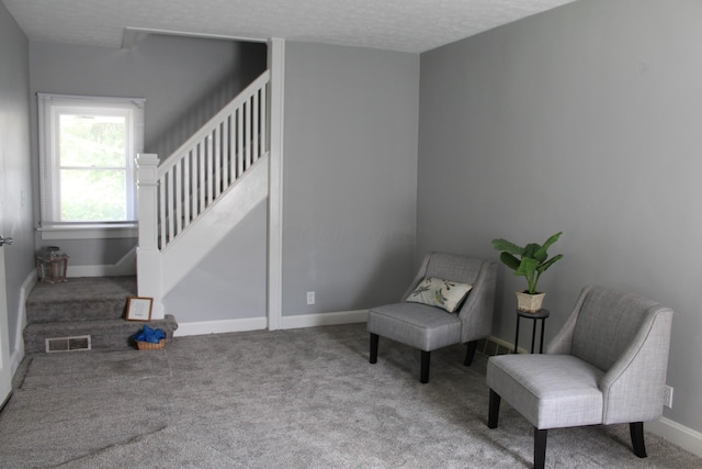 193 E Walnut St, Marion, OH 43302 - living area with carpet floors, stairway, and a textured ceiling