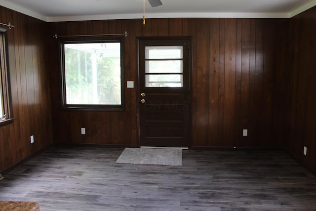 193 E Walnut St, Marion, OH 43302 - entrance foyer with ceiling fan, wood finished floors, and wood walls