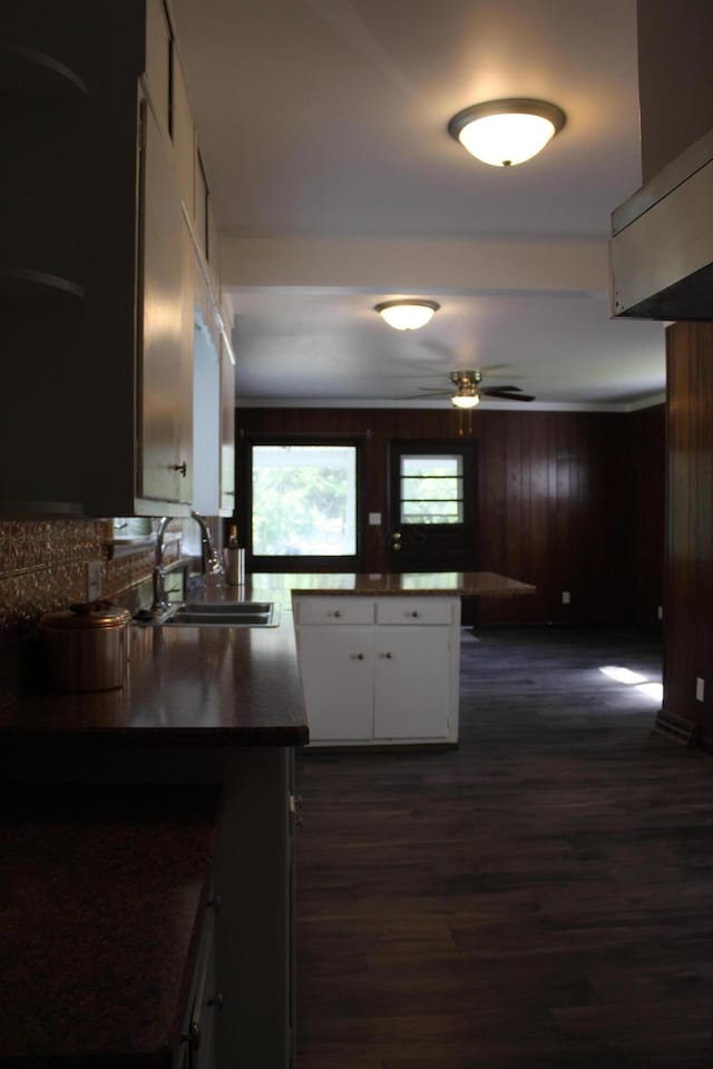 193 E Walnut St, Marion, OH 43302 - kitchen featuring a ceiling fan, dark wood-style floors, white cabinetry, dark countertops, and wood walls