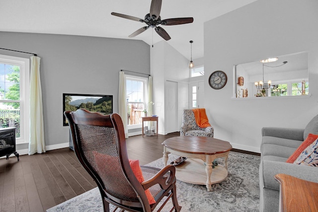 3007 Galen Ct, Hilliard, OH 43026 - living room featuring wood finished floors, a chandelier, healthy amount of natural light, and high vaulted ceiling
