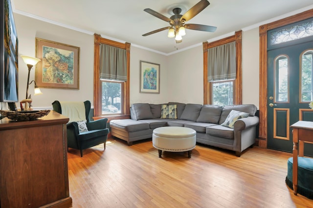 604 Elm St, Groveport, OH 43125 - living area with light wood-style flooring, ornamental molding, and ceiling fan