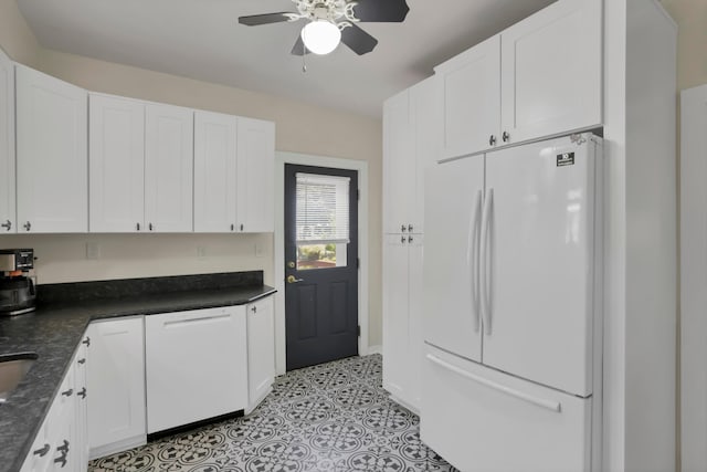 604 Elm St, Groveport, OH 43125 - kitchen with white appliances, white cabinets, and ceiling fan