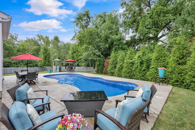 2267 Holiday Valley Dr, Grove City, OH 43123 - view of pool with a patio, outdoor dining area, a fenced backyard, and an outdoor hangout area