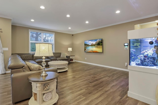 2267 Holiday Valley Dr, Grove City, OH 43123 - living room featuring ornamental molding, wood finished floors, and recessed lighting